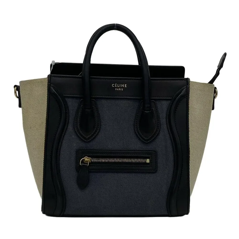 Celine Luggage Nano Shopper Handbag Blue Gray Black Cream Canvas Leather